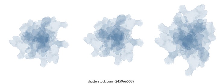 Set of abstract dark blue watercolor water splash on a white background. Vector watercolour texture in salad color. Ink paint brush stain. Dark blue splatters spot. Watercolor pastel splash