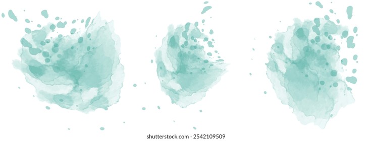 Set of abstract dark cyan watercolor water splash on a white background. Vector watercolour texture in salad color. Ink paint brush stain. Dark cyan splatters spot. Watercolor pastel splash
