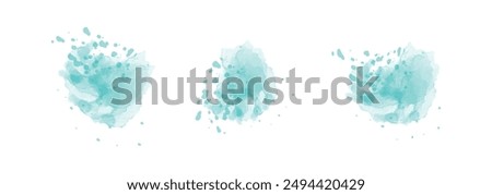 Set of abstract dark cyan watercolor water splash on a white background. Vector watercolour texture in salad color. Ink paint brush stain. Dark cyan splatters spot. Watercolor pastel splash