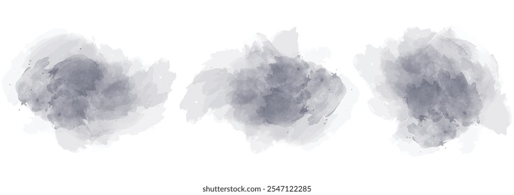Set of abstract dark desaturated blue watercolor water splash on a white background. Vector watercolour texture in salad color. Ink paint brush stain. Blue splatters spot. Watercolor pastel splash