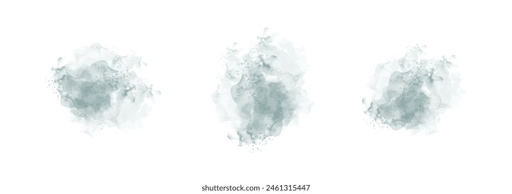 Set of abstract dark desaturated cyan watercolor water splash on a white background. Vector watercolour texture in salad color. Ink paint brush stain. Cyan splatters spot. Watercolor pastel splash