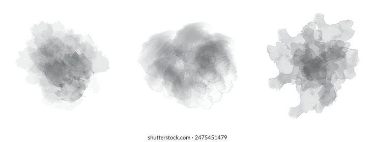 Set of abstract dark grayish blue watercolor water splash on a white background. Vector watercolour texture in salad color. Ink paint brush stain. Blue splatters spot. Watercolor pastel splash