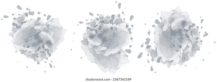 Set of abstract dark grayish blue watercolor water splash on a white background. Vector watercolour texture in salad color. Ink paint brush stain. Blue splatters spot. Watercolor pastel splash