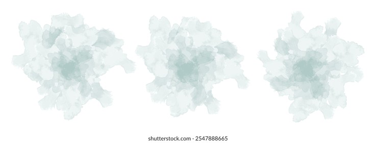 Set von abstraktem dunkelgrauem türkisem Aquarell-Wassersplash auf weißem Hintergrund. Vektor Aquarell Textur in Salatfarbe. Farbpinselfleck. Cyan-Spritzer-Spot. Aquarell-Pastell-Spritzer