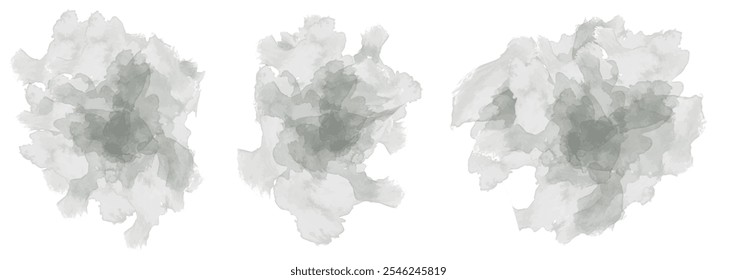 Conjunto de abstrato verde de limão cinzento escuro água salpicar em um fundo branco. Textura de aquarela vetorial em cor de salada. Mancha de pincel de tinta. Mancha de manchas verdes. Mancha pastel aquarela