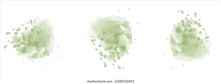 Set of abstract dark green watercolor water splash on a white background. Vector watercolour texture in salad color. Ink paint brush stain. Dark green splatters spot. Watercolor pastel splash