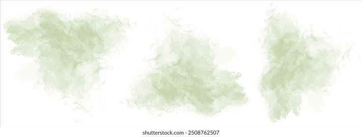 Set of abstract dark green watercolor water splash on a white background. Vector watercolour texture in salad color. Ink paint brush stain. Dark green splatters spot. Watercolor pastel splash