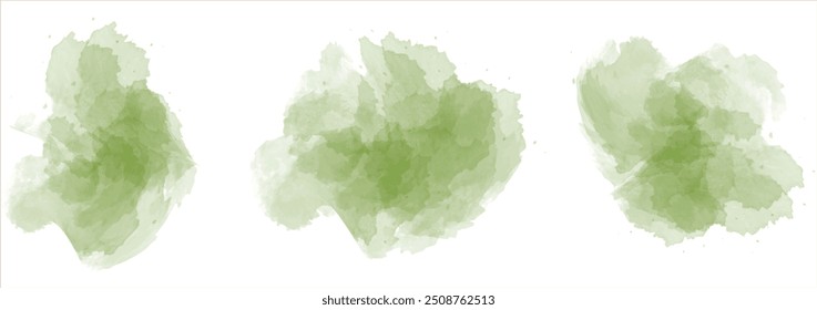 Set of abstract dark green watercolor water splash on a white background. Vector watercolour texture in salad color. Ink paint brush stain. Dark green splatters spot. Watercolor pastel splash