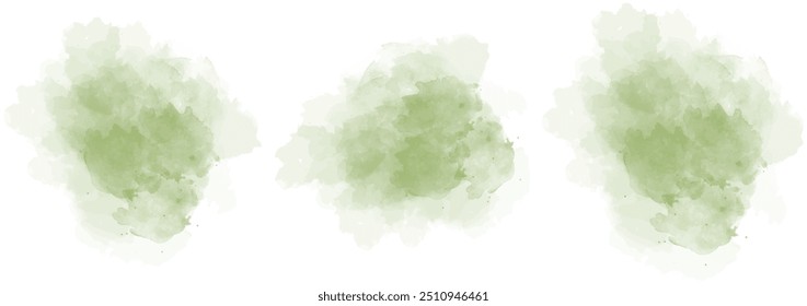 Set of abstract dark green watercolor water splash on a white background. Vector watercolour texture in salad color. Ink paint brush stain. Dark green splatters spot. Watercolor pastel splash