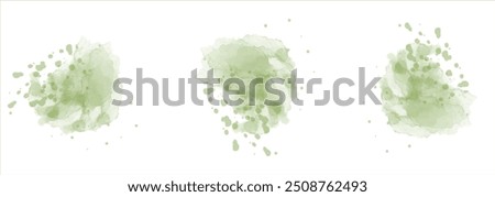 Set of abstract dark green watercolor water splash on a white background. Vector watercolour texture in salad color. Ink paint brush stain. Dark green splatters spot. Watercolor pastel splash