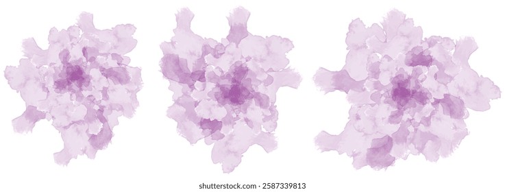 Set of abstract dark magenta watercolor water splash on a white background. Vector watercolour texture in salad color. Ink paint brush stain. Magenta splatters spot. Watercolor pastel splash