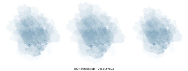 Set of abstract dark moderate blue watercolor water splash on a white background. Vector watercolour texture in salad color. Ink paint brush stain. Blue splatters spot. Watercolor pastel splash