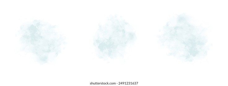 Conjunto de agua de acuarela cyan moderado oscuro abstracto salpicado sobre un fondo blanco. Textura de acuarela de Vector en color ensalada. Mancha de pincel de tinta. Salpicaduras de cian. Salpicadura pastel de acuarela