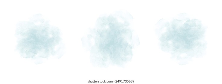 Set of abstract dark moderate cyan watercolor water splash on a white background. Vector watercolour texture in salad color. Ink paint brush stain. Cyan splatters spot. Watercolor pastel splash