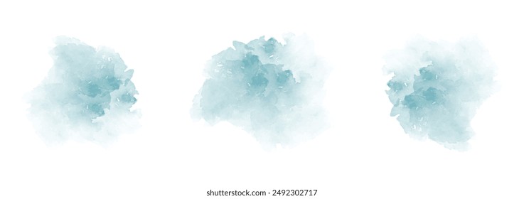 Set of abstract dark moderate cyan watercolor water splash on a white background. Vector watercolour texture in salad color. Ink paint brush stain. Cyan splatters spot. Watercolor pastel splash