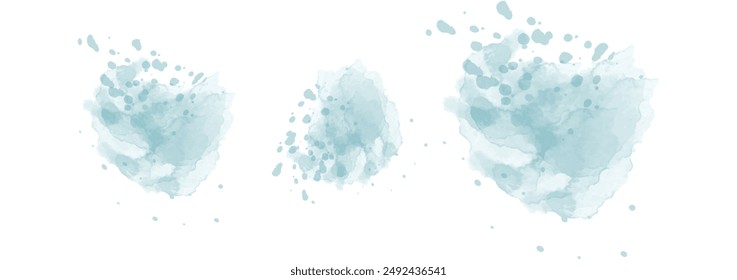 Set of abstract dark moderate cyan watercolor water splash on a white background. Vector watercolour texture in salad color. Ink paint brush stain. Cyan splatters spot. Watercolor pastel splash