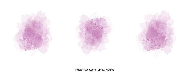 Conjunto de agua abstracta de acuarela magenta moderada oscura salpicadura sobre un fondo blanco. Textura de acuarela de Vector en color ensalada. Mancha de pincel de tinta. Mancha de manchas magenta. Salpicadura pastel de acuarela