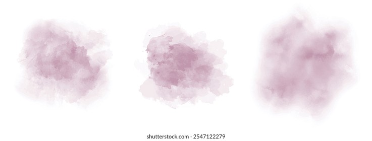 Set of abstract dark moderate pink watercolor water splash on a white background. Vector watercolour texture in salad color. Ink paint brush stain. Pink splatters spot. Watercolor pastel splash