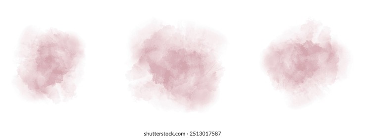 Set of abstract dark moderate red watercolor water splash on a white background. Vector watercolour texture in salad color. Ink paint brush stain. Red splatters spot. Watercolor pastel splash
