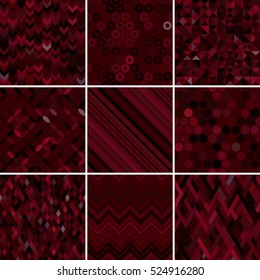 Set of abstract dark red background,  9 geometric pattern, vector illustration. Texture can be used for printing onto fabric and paper. 