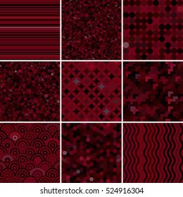 Set of abstract dark red background,  9 geometric pattern, vector illustration. Texture can be used for printing onto fabric and paper. 