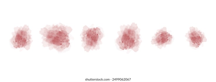 Set of abstract dark red watercolor water splash on a white background. Vector watercolour texture in salad color. Ink paint brush stain. Dark red splatters spot. Watercolor pastel splash
