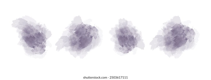 Set of abstract dark violet watercolor water splash on a white background. Vector watercolour texture in salad color. Ink paint brush stain. Dark violet splatters spot. Watercolor pastel splash