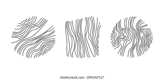 Set of abstract decorations - circles and square made of lines. Minimalist modern decoration. Vector isolated on white background.