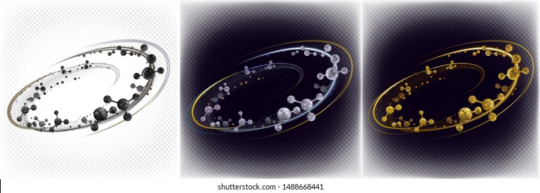 Set of abstract decorative compositions of a round swirl of black, gold, silver colors from atoms, molecules and shiny neon elements. Vector 3d illustration isolated transparent background.