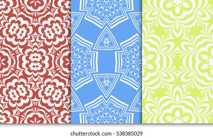 set of abstract decorative floral geometric ornament. red green, blue color. seamless vector illustration. template for wallpaper, invitation, card