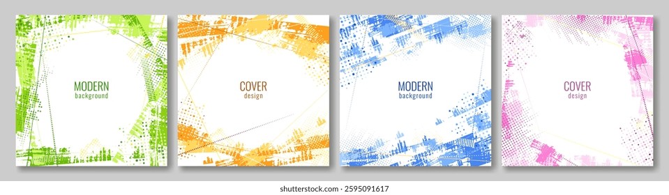 Set of abstract decorative frames. Templates for photos or text. Halftone texture. Vector grunge overlay.