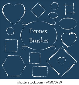 Set of abstract decorative frames from white circles on a blue background for design. Brushes are included. Vector illustration 