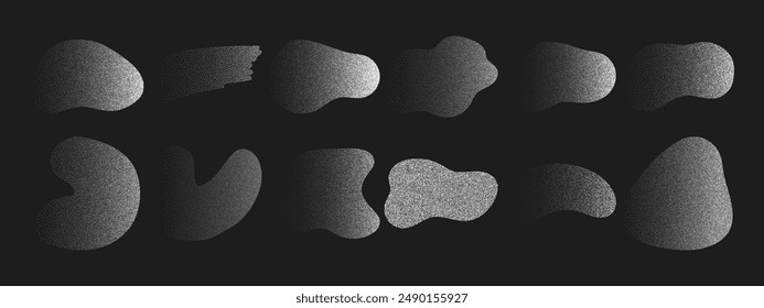 Set of abstract decorative freeform shapes with photocopy effect. Vector noise grainy texture