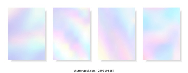 Set of abstract decorative holographic cards with iridescent effect. Colorful rainbow digital blurred backgrounds. Pearlescent futuristic unicorn backdrops. Vector templates.
