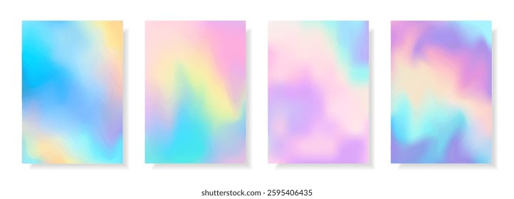 Set of abstract decorative holographic cards with iridescent effect. Colorful rainbow digital futuristic backgrounds. Vector templates for web banner, cover, brochure, presentation, leaflet, flyer.