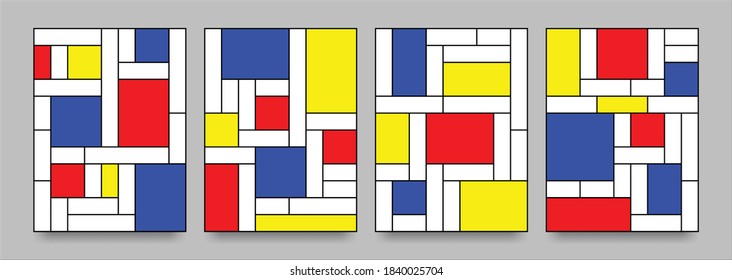 Set of abstract decorative neoplasticism style illustrations. Design on primary colors, blue, red and yellow rectangle. Creative for poster, wall decoration, brochure, postcard, and cover design.