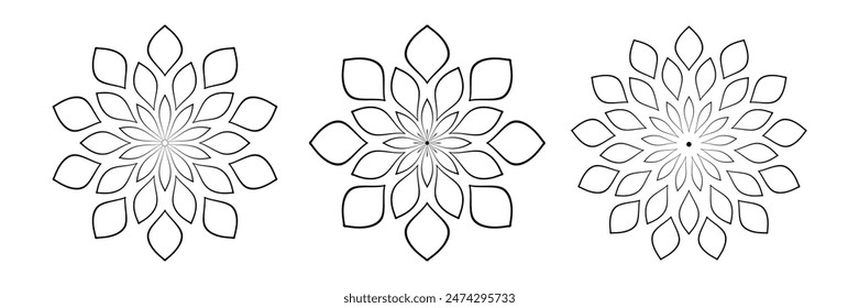 Conjunto de Abstractas patrones florales radiales de contorno decorativo. Iconos de flores. Elementos de diseño redondos. Arte vectorial.