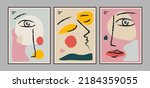 Set of abstract decorative painting posters or cards with human faces and abstract colorful geometric shapes. Vector illustration