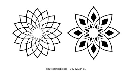 Set of Abstract Decorative Radial Floral Patterns. Flower Icons. Round Design Elements. Vector Art.