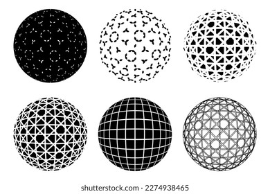 Set of abstract decorative spheres with geometric pattern isolated. 3D style dashed Abstract balls. Vector illustration