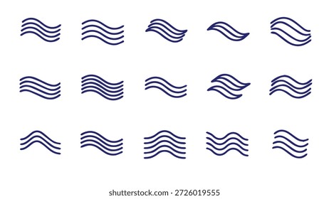 Um conjunto de linhas onduladas azuis profundas abstratas e formas curvas fluidas que representam movimento, água ou som, ideais como recursos gráficos versáteis para marcas modernas, logotipos e web design