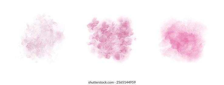 Set of abstract Deep Cerise watercolor water splash on a white background. Vector watercolor texture in Deep Cerise color. Ink paint brush stain. Deep Cerise splatters spot. Watercolor pastel splash