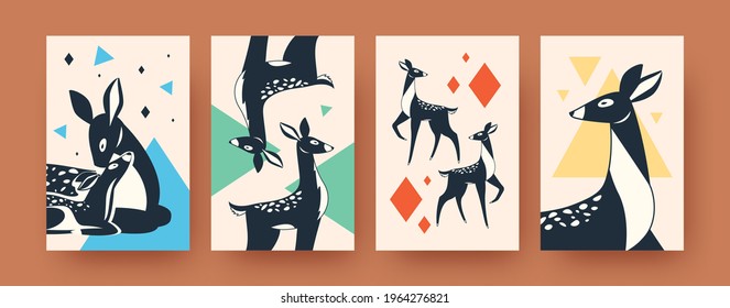 Set of abstract deer silhouettes in Scandinavian style. Decorative banners with mammals vector illustration for banners. Forest animals and wildlife concept for banners, website design or backgrounds