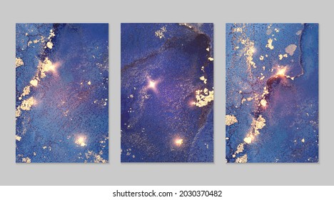 Set of abstract denim blue and gold backgrounds with marble texture and shining glitter. Vector stone surface in alcohol ink technique. Fluid art illustration for poster, flyer, brochure design.