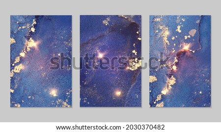 Set of abstract denim blue and gold backgrounds with marble texture and shining glitter. Vector stone surface in alcohol ink technique. Fluid art illustration for poster, flyer, brochure design.