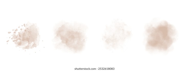 Set of abstract desaturated orange watercolor water splash on a white background. Vector watercolour texture in salad color. Ink paint brush stain. Orange splatters spot. Watercolor pastel splash