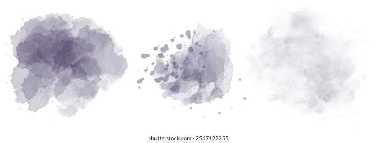 Conjunto de abstrato dessaturado violeta aquarela salpicar em um fundo branco. Textura de aquarela vetorial em cor de salada. Mancha de pincel de tinta. Manchas violetas. Mancha pastel aquarela