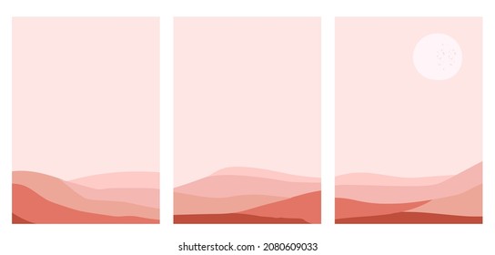 Set of abstract desert landscape with sun on red burgundy tone backgrounds vector illustration. Midcentury modern art wall decoration.