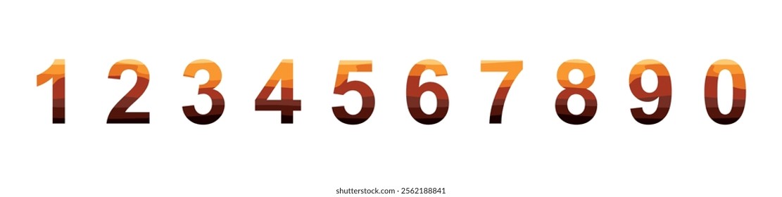 Set of abstract desert theme silhouettes, yellow chocolate in numbers in a row. Ten numbers from one to zero. Number abstract concept vector illustration isolated on white background. numbering stock 