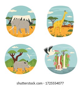Set of abstract design with African animals elephant, rhino, giraffe, pelican. Vector illustration of animals in Natural parks